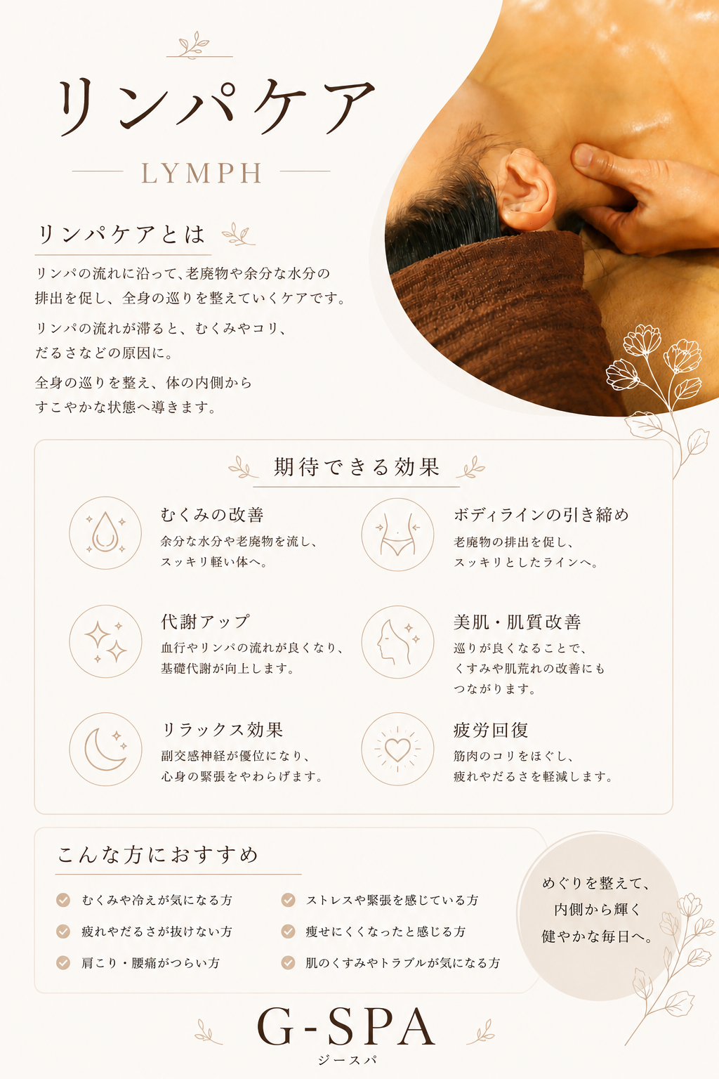 美しさと健康を両立するリラクゼーションの新習慣、G-SPAのリンパトリートメント
